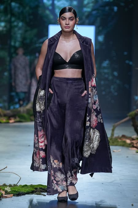 Shop_Varun Bahl_Black Velvet Print Floral Jacket Lapel Collar Pattern Trouser Set  _Online_at_Aza_Fashions