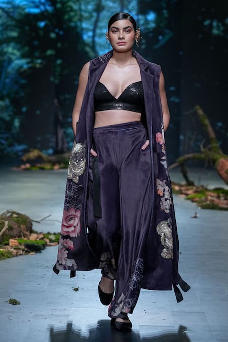 Varun Bahl_Black Velvet Print Floral Jacket Lapel Collar Pattern Trouser Set  _at_Aza_Fashions
