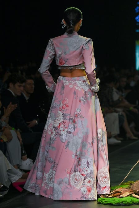 Shop_Varun Bahl_Pink Net, Velvet, Silk Organza Vintage Rosette Print Lehenga Bolero Jacket Set _at_Aza_Fashions