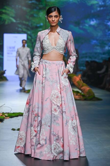 Varun Bahl_Pink Net, Velvet, Silk Organza Vintage Rosette Print Lehenga Bolero Jacket Set _Online_at_Aza_Fashions