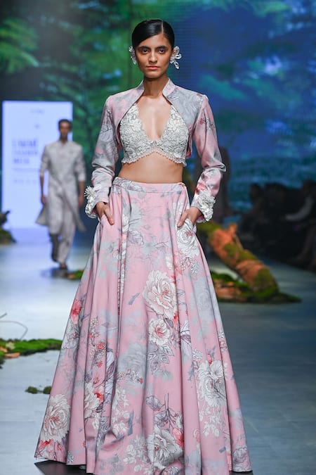 Buy Varun Bahl Pink Net, Velvet, Silk Organza Vintage Rosette Print Lehenga Bolero Jacket Set Online at Aza Fashions Buy_Varun Bahl_Pink Net, Velvet, Silk Organza Vintage Rosette Print Lehenga Bolero Jacket Set _Online_at_Aza_Fashions