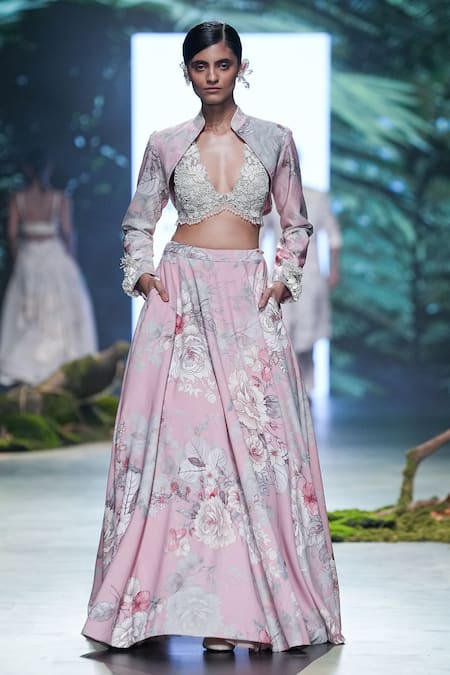 Shop Varun Bahl Pink Net, Velvet, Silk Organza Vintage Rosette Print Lehenga Bolero Jacket Set Online at Aza Fashions Shop_Varun Bahl_Pink Net, Velvet, Silk Organza Vintage Rosette Print Lehenga Bolero Jacket Set _Online_at_Aza_Fashions