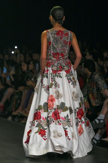 Shop_Varun Bahl_Ivory Net, Chanderi Sequins, Embroidery 3d Corsage Lehenga With Gilet Jacket _at_Aza_Fashions