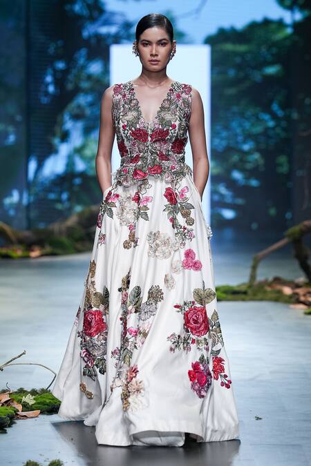 Shop_Varun Bahl_Ivory Net, Chanderi Sequins, Embroidery 3d Corsage Lehenga With Gilet Jacket _Online_at_Aza_Fashions