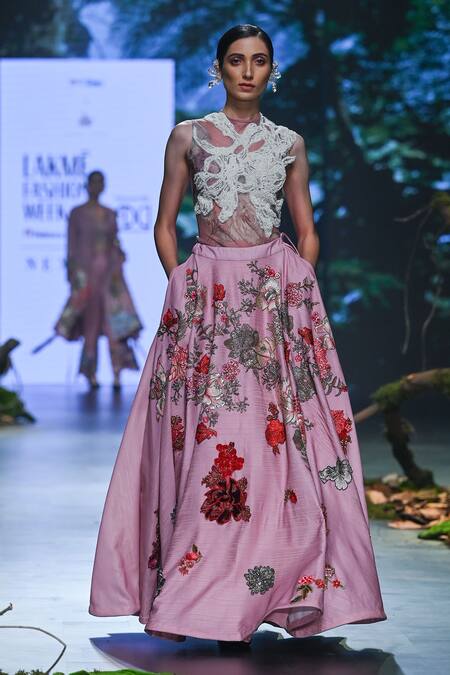 Varun Bahl Pink Lurex Hand Embroidery Floral Round Neck Lehenga With Bodysuit 