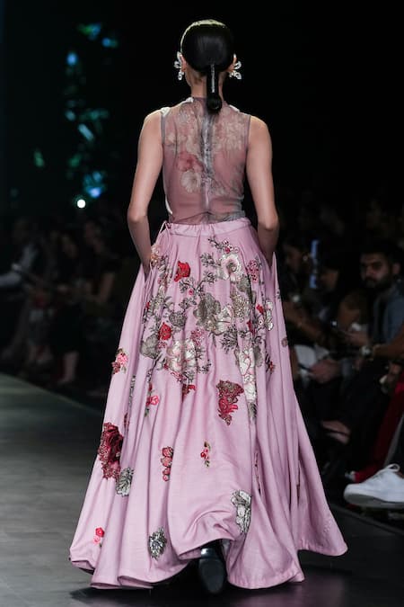 Shop Varun Bahl Pink Net, Lurex Beads, Sequins Floral Hand Embroidered Lehenga With Bodysuit at Aza Fashions Shop_Varun Bahl_Pink Net, Lurex Beads, Sequins Floral Hand Embroidered Lehenga With Bodysuit _at_Aza_Fashions