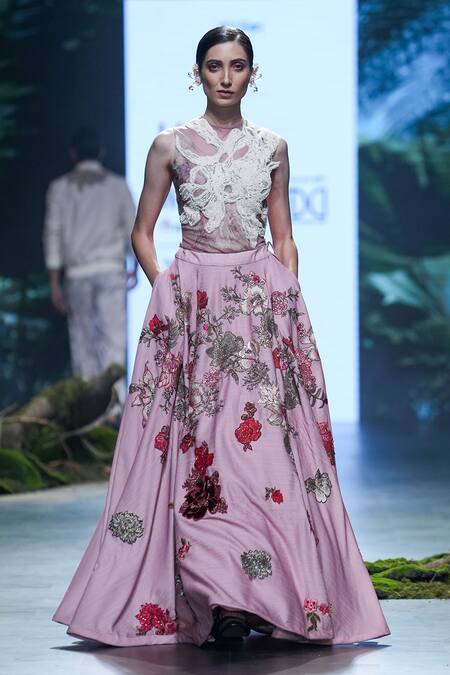 Varun Bahl Pink Net, Lurex Beads, Sequins Floral Hand Embroidered Lehenga With Bodysuit Online at Aza Fashions Varun Bahl_Pink Net, Lurex Beads, Sequins Floral Hand Embroidered Lehenga With Bodysuit _Online_at_Aza_Fashions