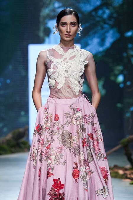 Shop Varun Bahl Pink Net, Lurex Beads, Sequins Floral Hand Embroidered Lehenga With Bodysuit Online at Aza Fashions Shop_Varun Bahl_Pink Net, Lurex Beads, Sequins Floral Hand Embroidered Lehenga With Bodysuit _Online_at_Aza_Fashions