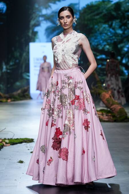 Varun Bahl Pink Net, Lurex Beads, Sequins Floral Hand Embroidered Lehenga With Bodysuit at Aza Fashions Varun Bahl_Pink Net, Lurex Beads, Sequins Floral Hand Embroidered Lehenga With Bodysuit _at_Aza_Fashions