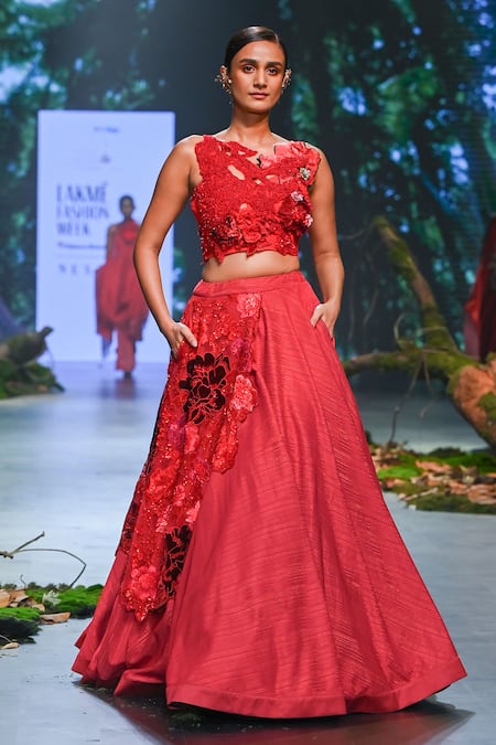 Buy_Varun Bahl_Red Net, Lurex Embroidery, Sequins, Fabric Placement Floral Lehenga With Blouse _Online_at_Aza_Fashions