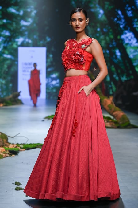 Varun Bahl_Red Net, Lurex Embroidery, Sequins, Fabric Placement Floral Lehenga With Blouse _at_Aza_Fashions