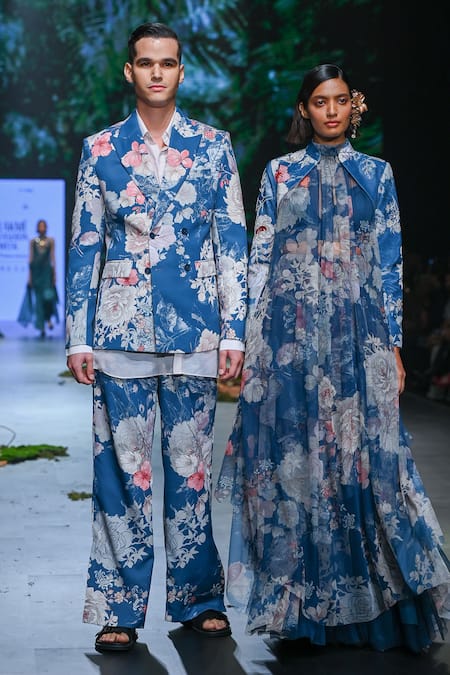 Varun Bahl_Blue Organza, Net, Velvet Embroidery Vintage Floral Pattern Jacket Skirt Set _Online_at_Aza_Fashions