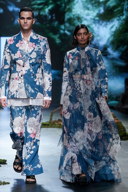 Shop_Varun Bahl_Blue Organza, Net, Velvet Embroidery Vintage Floral Pattern Jacket Skirt Set _Online_at_Aza_Fashions