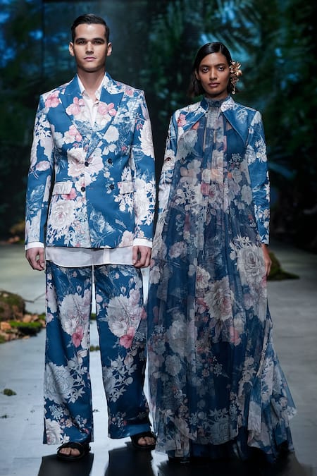 Varun Bahl_Blue Organza, Net, Velvet Embroidery Vintage Floral Pattern Jacket Skirt Set _at_Aza_Fashions