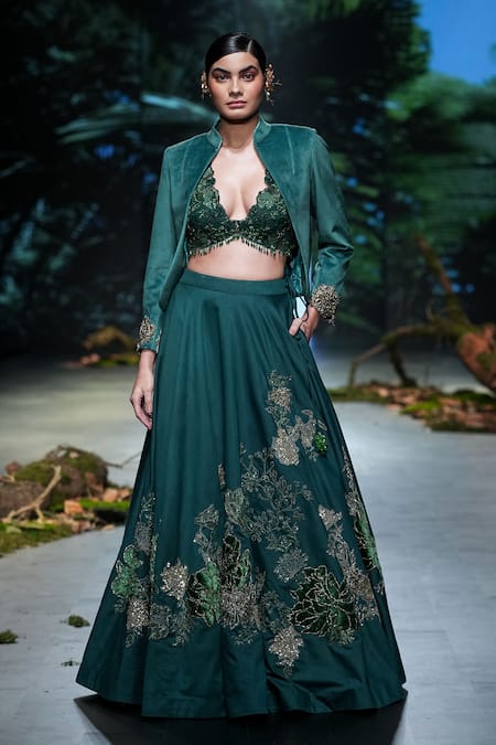 Varun Bahl Green Chanderi Hand Embroidery Floral Forest Lehenga Jacket Set  