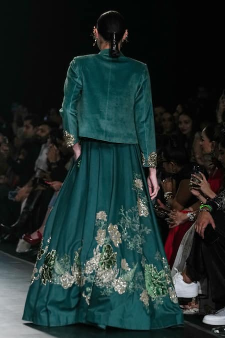 Shop_Varun Bahl_Green Net, Chanderi, Velvet Embroidery, Forest Floral Lehenga Jacket Set _at_Aza_Fashions