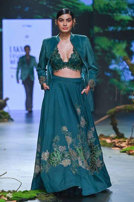 Varun Bahl_Green Net, Chanderi, Velvet Embroidery, Forest Floral Lehenga Jacket Set _Online_at_Aza_Fashions