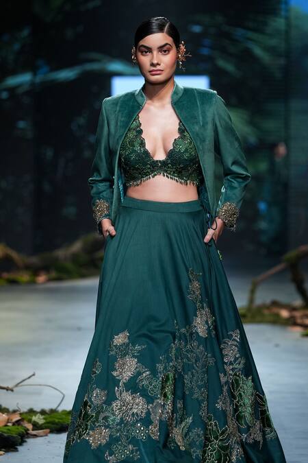 Buy_Varun Bahl_Green Net, Chanderi, Velvet Embroidery, Forest Floral Lehenga Jacket Set _Online_at_Aza_Fashions