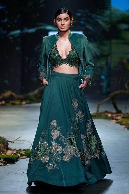 Shop_Varun Bahl_Green Net, Chanderi, Velvet Embroidery, Forest Floral Lehenga Jacket Set _Online_at_Aza_Fashions