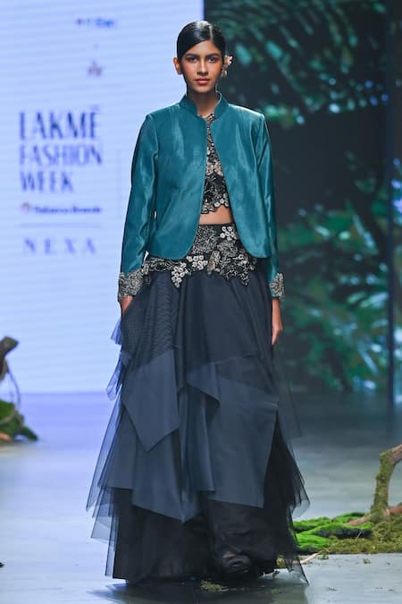 Shop_Varun Bahl_Black Net, Velvet Sequins, Embroidery Asymmetric Ruffled Lehenga Jacket Set _at_Aza_Fashions