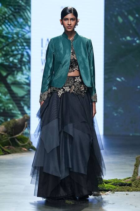 Varun Bahl Black Net, Velvet Sequins, Embroidery Asymmetric Ruffled Lehenga Jacket Set Online at Aza Fashions Varun Bahl_Black Net, Velvet Sequins, Embroidery Asymmetric Ruffled Lehenga Jacket Set _Online_at_Aza_Fashions