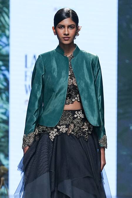 Buy Varun Bahl Black Net, Velvet Sequins, Embroidery Asymmetric Ruffled Lehenga Jacket Set Online at Aza Fashions Buy_Varun Bahl_Black Net, Velvet Sequins, Embroidery Asymmetric Ruffled Lehenga Jacket Set _Online_at_Aza_Fashions