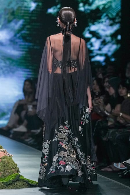 Shop_Varun Bahl_Black Net, Chanderi Sequins, Embroidery Collared Floral Hand Lehenga Cape Set _at_Aza_Fashions