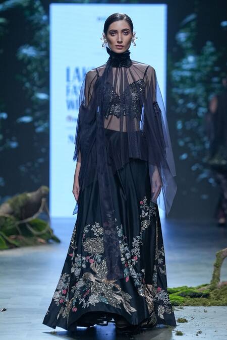 Varun Bahl_Black Net, Chanderi Sequins, Embroidery Collared Floral Hand Lehenga Cape Set _Online_at_Aza_Fashions