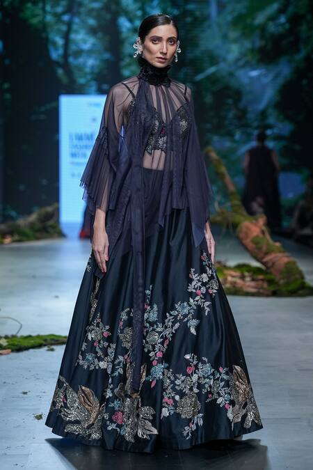 Shop_Varun Bahl_Black Net, Chanderi Sequins, Embroidery Collared Floral Hand Lehenga Cape Set _Online_at_Aza_Fashions