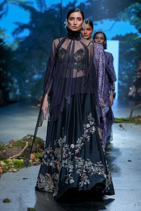 Varun Bahl_Black Net, Chanderi Sequins, Embroidery Collared Floral Hand Lehenga Cape Set _at_Aza_Fashions