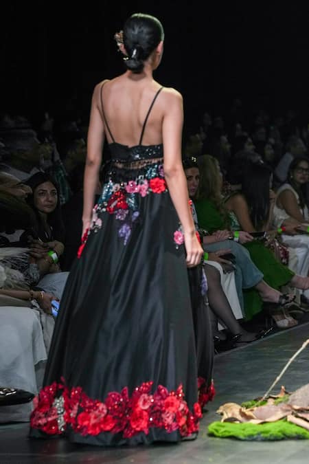 Shop_Varun Bahl_Black Net, Chanderi Sequins, Placement Floral Corsage Lehenga With Blouse _at_Aza_Fashions