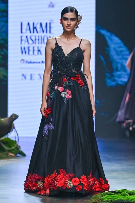 Varun Bahl_Black Net, Chanderi Sequins, Placement Floral Corsage Lehenga With Blouse _Online_at_Aza_Fashions