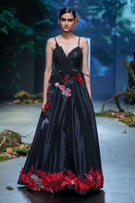 Buy_Varun Bahl_Black Net, Chanderi Sequins, Placement Floral Corsage Lehenga With Blouse _Online_at_Aza_Fashions