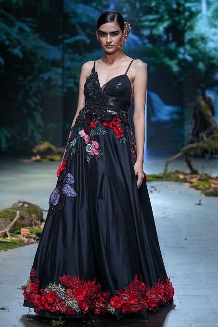 Shop_Varun Bahl_Black Net, Chanderi Sequins, Placement Floral Corsage Lehenga With Blouse _Online_at_Aza_Fashions