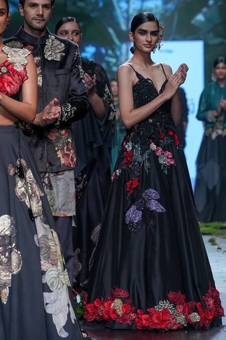 Varun Bahl_Black Net, Chanderi Sequins, Placement Floral Corsage Lehenga With Blouse _at_Aza_Fashions