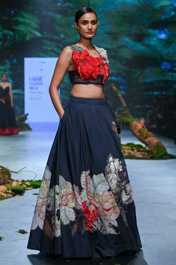 Varun Bahl_Black Net, Chanderi Embroidery, Vintage Floral Print Lehenga With Blouse _Online_at_Aza_Fashions