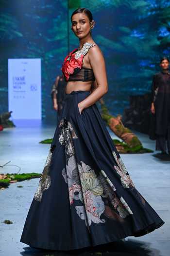 Buy_Varun Bahl_Black Net, Chanderi Embroidery, Vintage Floral Print Lehenga With Blouse _Online_at_Aza_Fashions