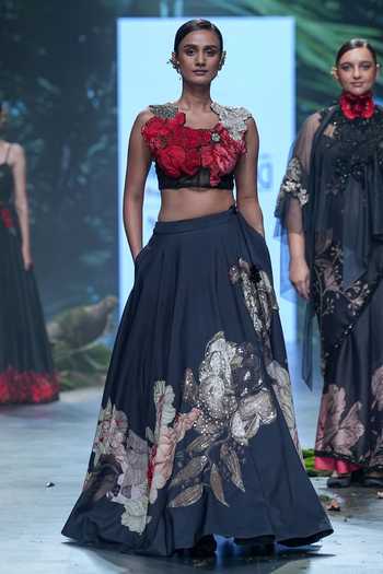 Shop_Varun Bahl_Black Net, Chanderi Embroidery, Vintage Floral Print Lehenga With Blouse _Online_at_Aza_Fashions