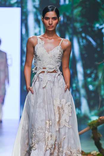 Varun Bahl_Ivory Net, Chanderi Embroidery, Vintage Floral Pattern Lehenga With Blouse _Online_at_Aza_Fashions