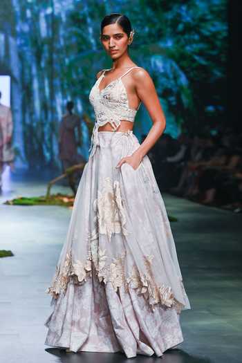 Buy_Varun Bahl_Ivory Net, Chanderi Embroidery, Vintage Floral Pattern Lehenga With Blouse _Online_at_Aza_Fashions