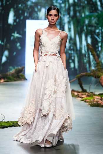 Shop_Varun Bahl_Ivory Net, Chanderi Embroidery, Vintage Floral Pattern Lehenga With Blouse _Online_at_Aza_Fashions