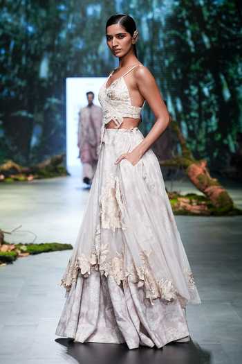 Varun Bahl_Ivory Net, Chanderi Embroidery, Vintage Floral Pattern Lehenga With Blouse _at_Aza_Fashions