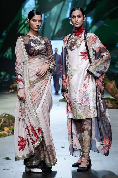 Varun Bahl_Brown Net, Lurex Sequins, Embroidery Round Floral Vine Print Saree With Bodysuit _at_Aza_Fashions