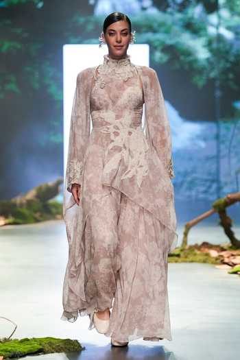 Varun Bahl Ivory Organza Vintage Floral Print Asymmetric Tunic Flared Trouser Set Online at Aza Fashions Varun Bahl_Ivory Organza Vintage Floral Print Asymmetric Tunic Flared Trouser Set _Online_at_Aza_Fashions