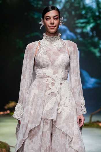 Varun Bahl Ivory Organza Vintage Floral Print Asymmetric Tunic Flared Trouser Set at Aza Fashions Varun Bahl_Ivory Organza Vintage Floral Print Asymmetric Tunic Flared Trouser Set _at_Aza_Fashions