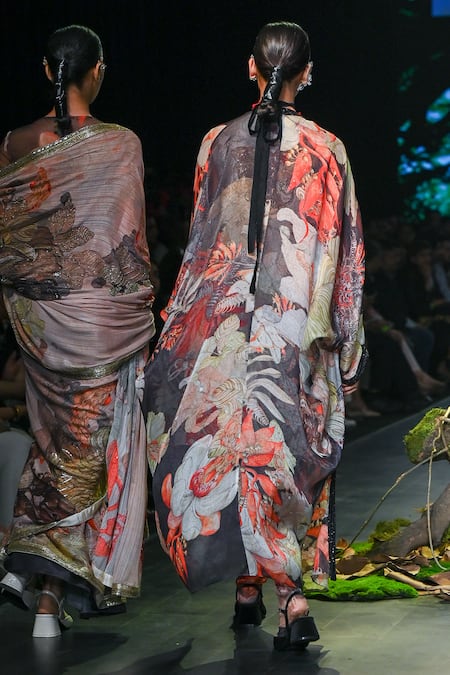 Shop_Varun Bahl_Brown Net, Chanderi, Velvet Embroidery, Sequins, Cut Printed And Cape Kurta Set _at_Aza_Fashions