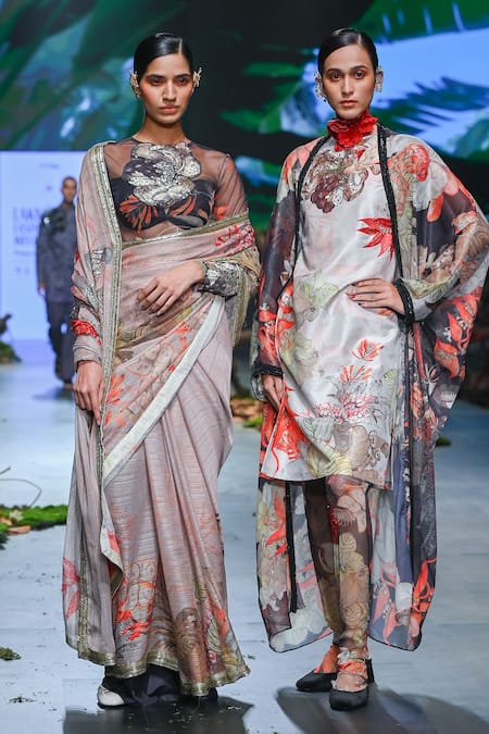 Varun Bahl_Brown Net, Chanderi, Velvet Embroidery, Sequins, Cut Printed And Cape Kurta Set _Online_at_Aza_Fashions