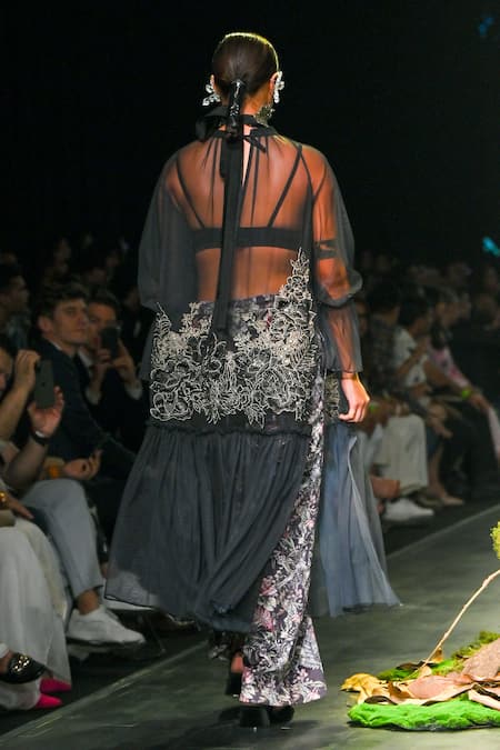 Shop_Varun Bahl_Black Net, Velvet Fringe, Applique, Embroidery Round Neck, Kurta Trouser Set _at_Aza_Fashions