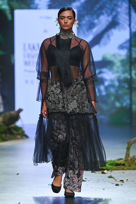 Varun Bahl_Black Net, Velvet Fringe, Applique, Embroidery Round Neck, Kurta Trouser Set _Online_at_Aza_Fashions
