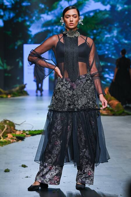 Buy_Varun Bahl_Black Net, Velvet Fringe, Applique, Embroidery Round Neck, Kurta Trouser Set _Online_at_Aza_Fashions